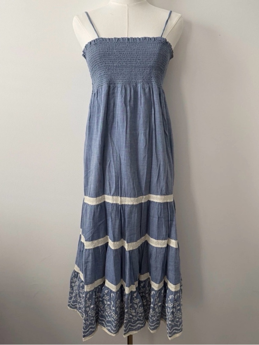 POLO Ralph Lauren Maxi Dress Cottage Embroidery Eyelet Lined Milkmaid L Blue